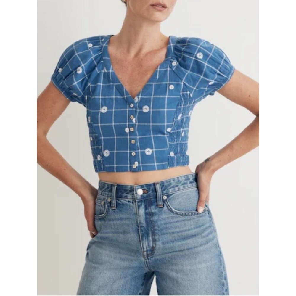 Madewell Hermitage Blue Embroidered Puff Sleeve Window Pane Crop Top 2